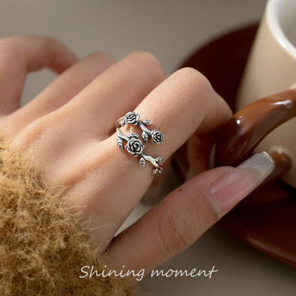 925 Sterling Silver Roses Branch Adjustable Rings For Women Engagement Wedding Female Luxury Jewelry Accessories Jewellery Vera Lux