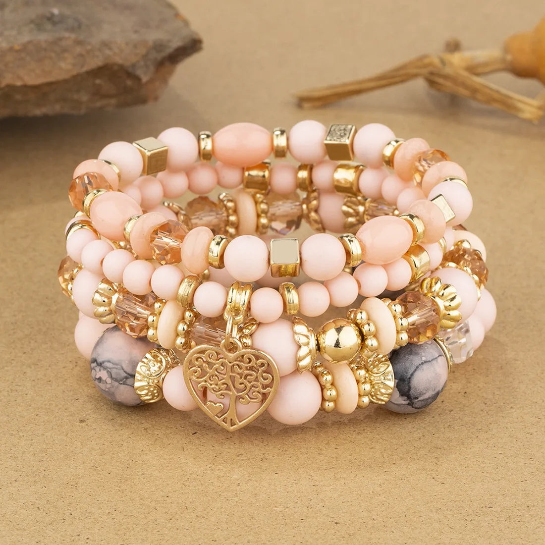 4Pcs Tree of Life Heart Bracelet Set For Women Acrylic Glass Beads Chain Elastic Bangle Female Fashion Party Jewelry Vera Lux