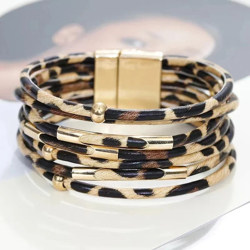 Vintage Metal Tube Leopard Leather Bracelet For Women Men Boho Multilayer Wrap Wide Bracelet Charm Jewelry Vera Lux