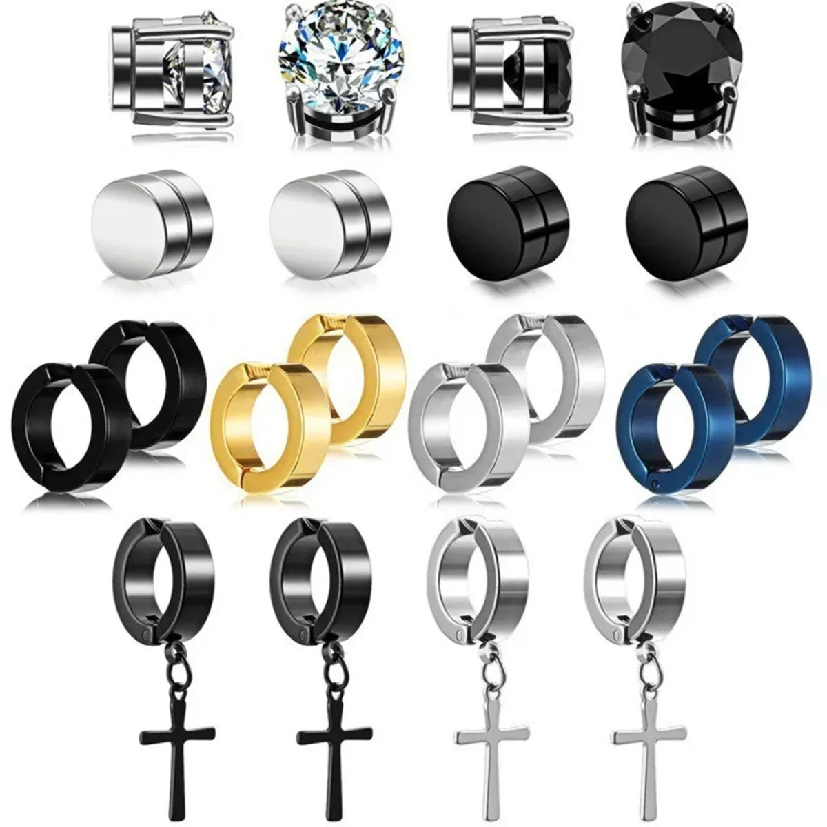 2pcs Punk Mens Strong Magnet Magnetic Ear Stud Set,Non Piercing Cross Clip-on Earrings Suitable Gifting Boyfriend Lover Jewelry Vera Lux