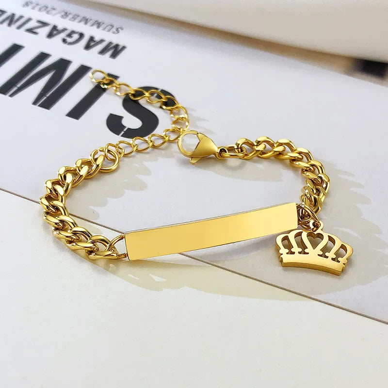 Custom Personalized Name ID Bracelet Gilrs Boy Gifts, Stainless Steel Curb Chain Link Crown Bracelet Not Allergic Vera Lux