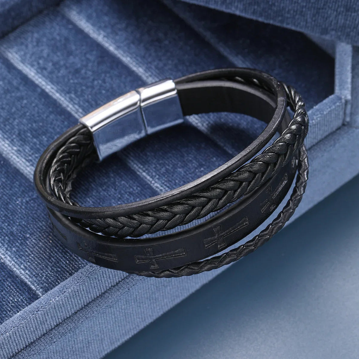 Fashion Cross Leather Rope Bracelet for Men Vintage Woven Leather Bracelet Punk Metal Magnet Buckle Personality Bracelet Jewelry Vera Lux