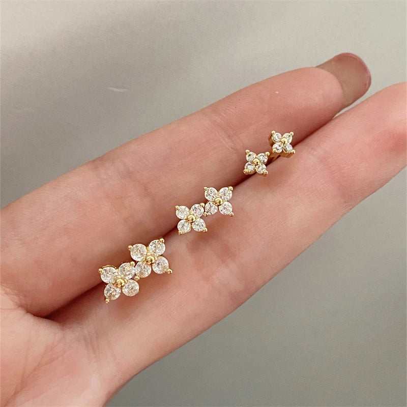Yupsk Dainty Flower Stainless Steel Butterfly Stud Earrings for Women Cartilage Ear Ring Cute Zircon Gold Color Clover Jewelry Vera Lux