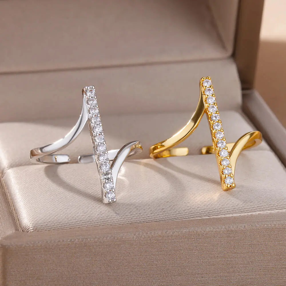 Zircon Geometric Rings For Women Gold Color Stainless Steel Opening Ring Luxury Wedding Party Aesthetic Jewerly Gift Femme 2024 Vera Lux