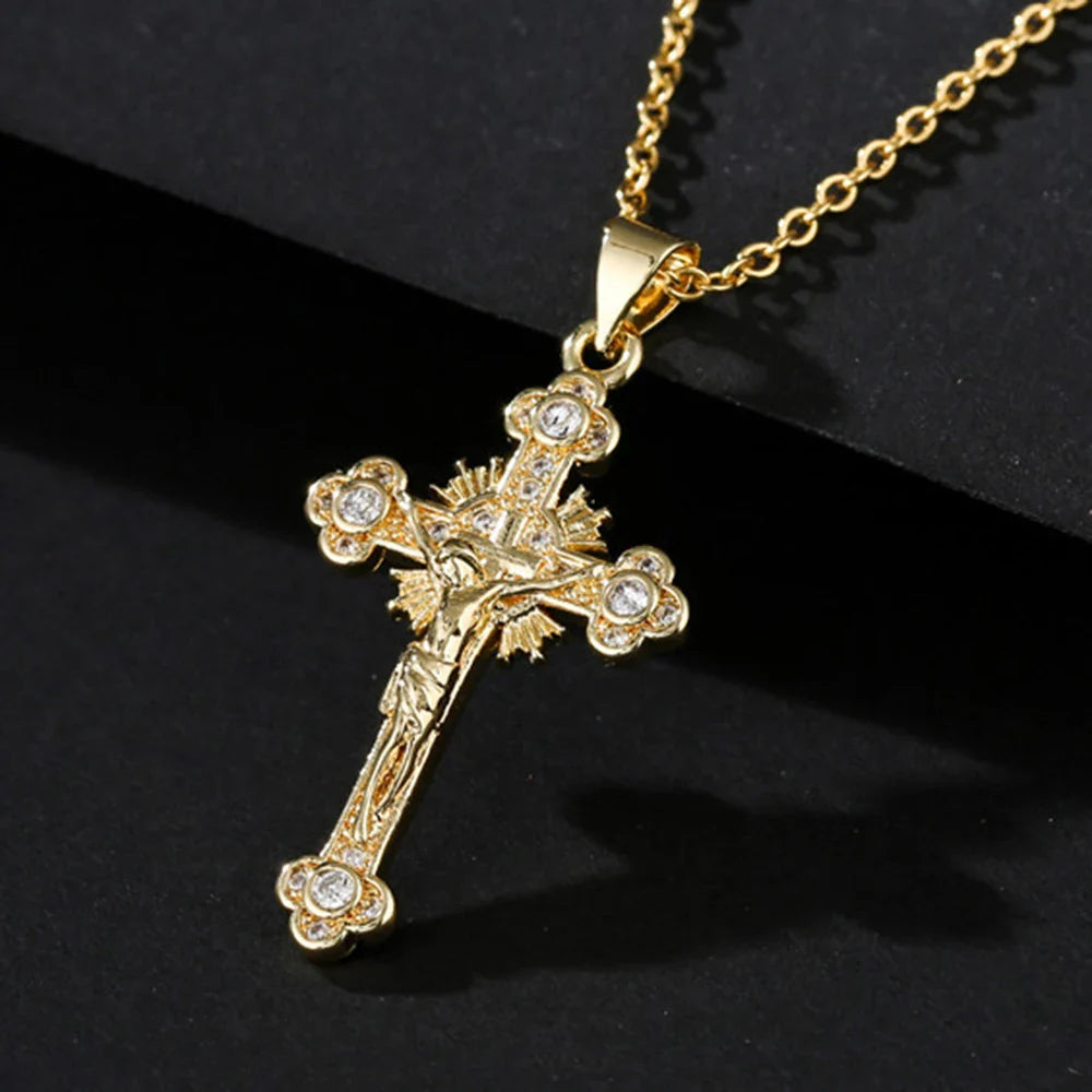 NEWBUY Gold Color Jesus Cross Pendant Stainless Steel Chain Necklace For Women Men Classic Design Christain Jewelry Gift Vera Lux