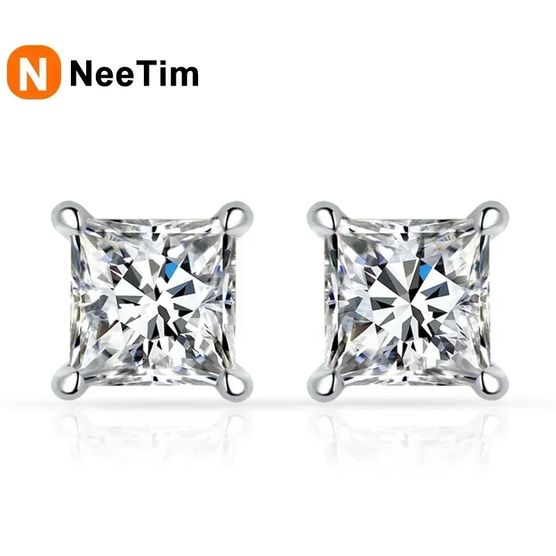 NeeTim 1ct Princess Cut Moissanite Earrings for Women S925 Sterling Silver with Gold Plated Ear Studs Wedding Party Fine Jewelry Vera Lux
