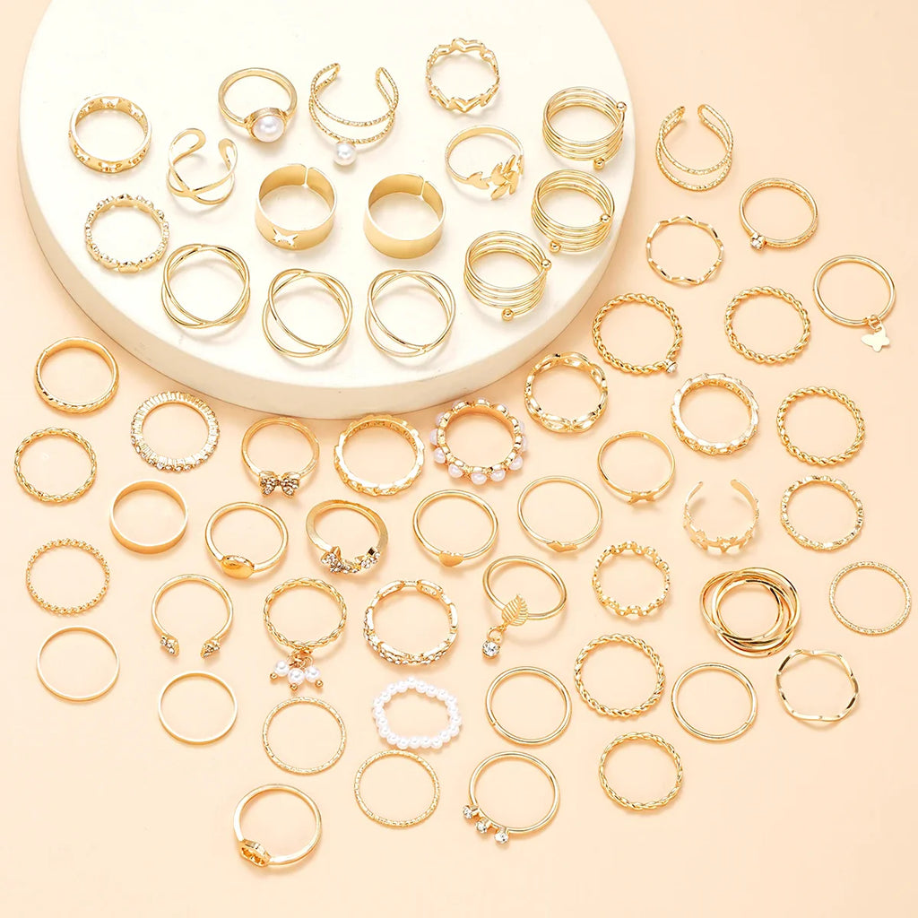58PCS Vintage Heart Snake Butterfly Rings Set for Women Fashion Metal Gold Plated Geometric Hollow Finger Ring Jewelry Gifts New Vera Lux
