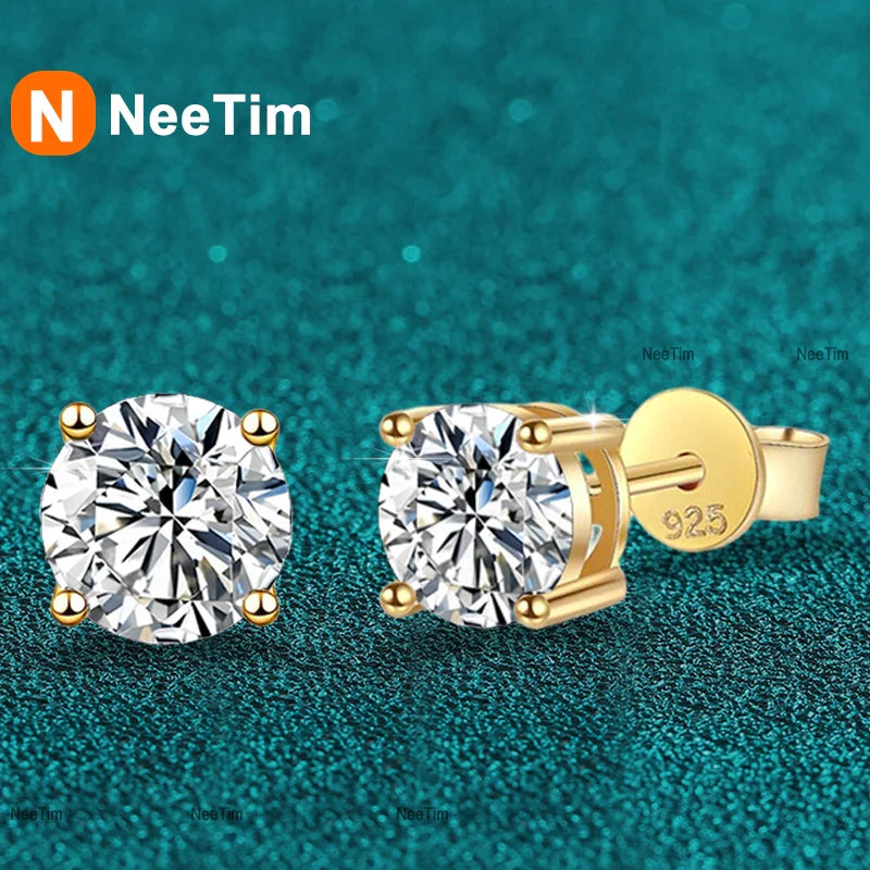 NeeTim 0.2-2ct Moissanite Earrings For Women 925 Sterling Silver Ear Studs with Yellow Gold Plated Lab Diamond Wedding Jewelry Vera Lux