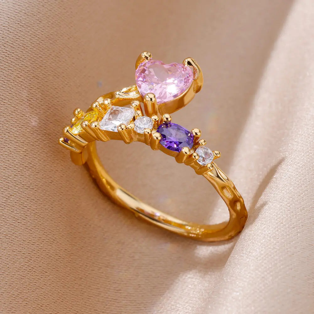 Stainless Steel Rings For Women Gold Color Fashion Heart Zircon Opening Ring Female Finger Wedding Party Jewelry Gift Vera Lux