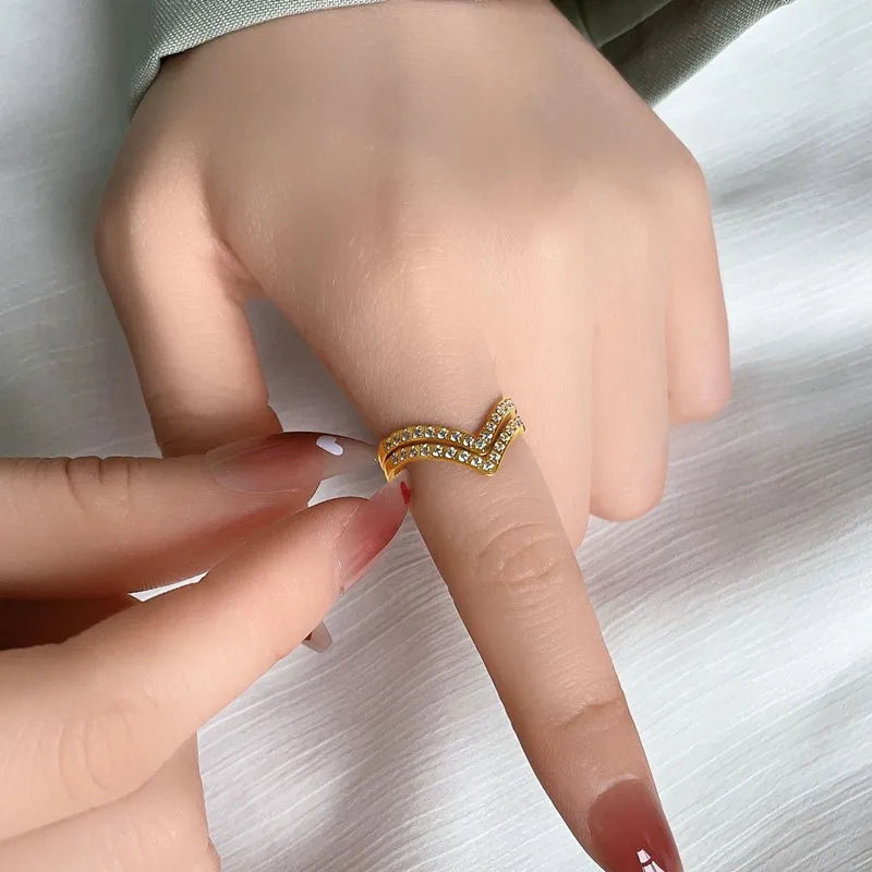 2mm Thin V Shape Pave CZ Stackable Ring Stainless Steel Wedding Band for Women Girl Size 5-10 Vera Lux