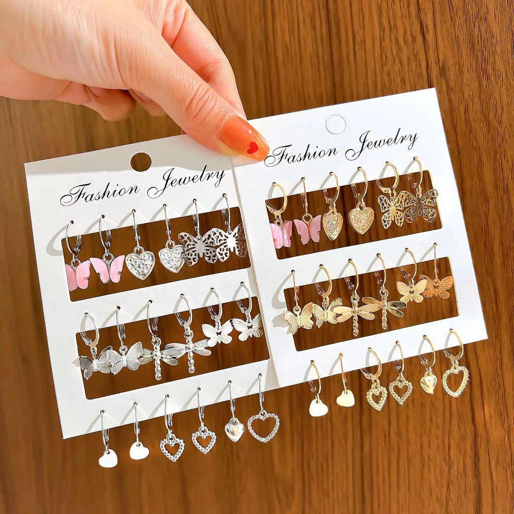 9 Pairs/ Set Exquisite Butterfly Heart Dragonfly Design Dangle Earrings Simple Vacation Style Delicate Holiday Earrings Vera Lux