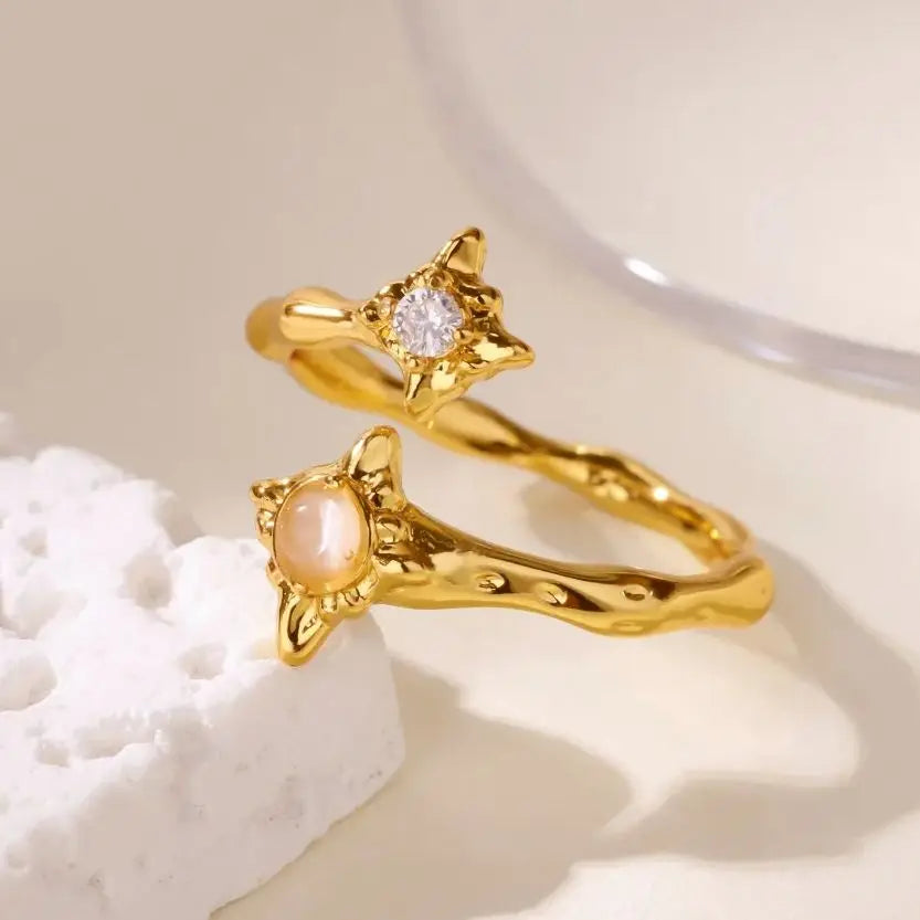 Zircon Flower Rings For Women Gold Color Double Flower Adjustable Stainless Steel Ring Wedding Party Christmas Jewelry Gift Vera Lux