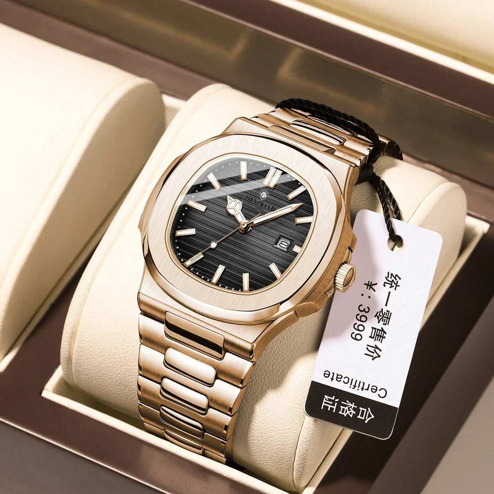 New Casual Business Fashion Quartz Wristwatches Rose Gold Clock Men Luxury Watch Automatic Watches Mens Black Relogio Masculino Vera Lux