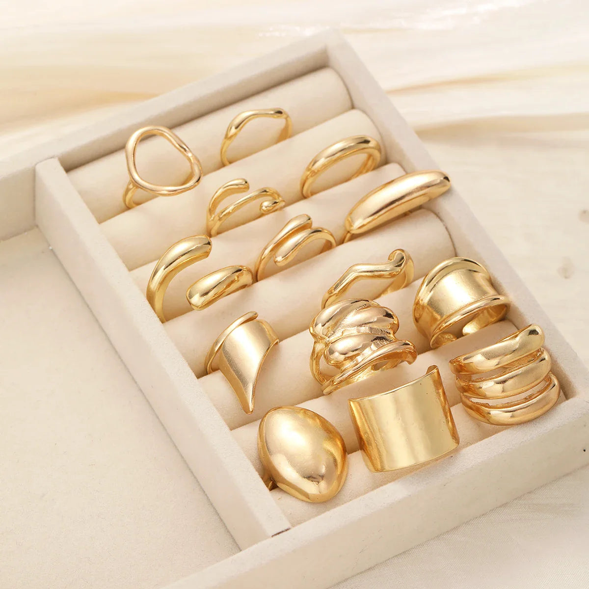 14Pcs/Set Vintage Smooth Open Rings Set for Women Geometric Creative Irregular Gold Color Finger Rings Trendy Daily Jewelry Gift Vera Lux