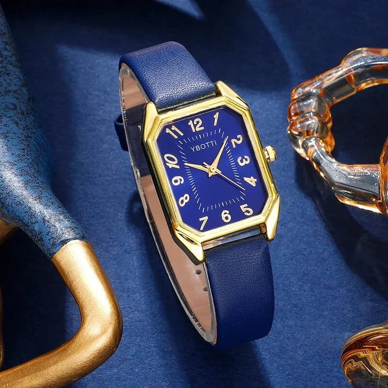 Luxury Fashion Square Women's Watches Brand Ladies Quartz Wristwatch Classic Simple Femme Blue Leather Band Relogio Feminino Vera Lux