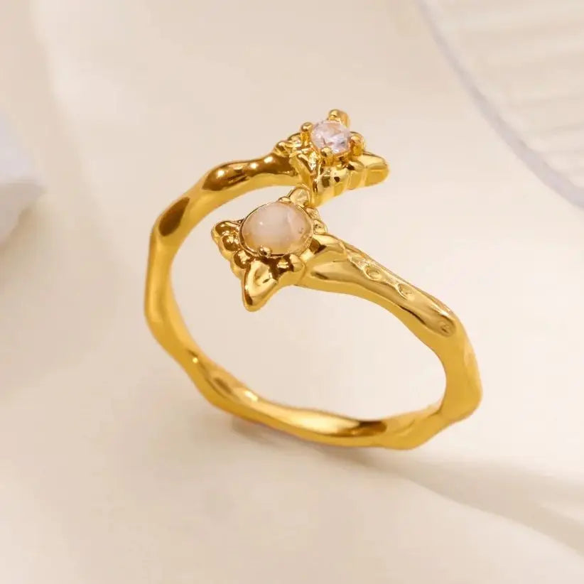 Zircon Flower Rings For Women Gold Color Double Flower Adjustable Stainless Steel Ring Wedding Party Christmas Jewelry Gift Vera Lux