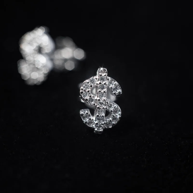 American Full Diamond Dollar Letter Stud Men's Senior Sense Super Flash Hip Hop Trend Niche Men's And Women's Fashion Earrings Vera Lux