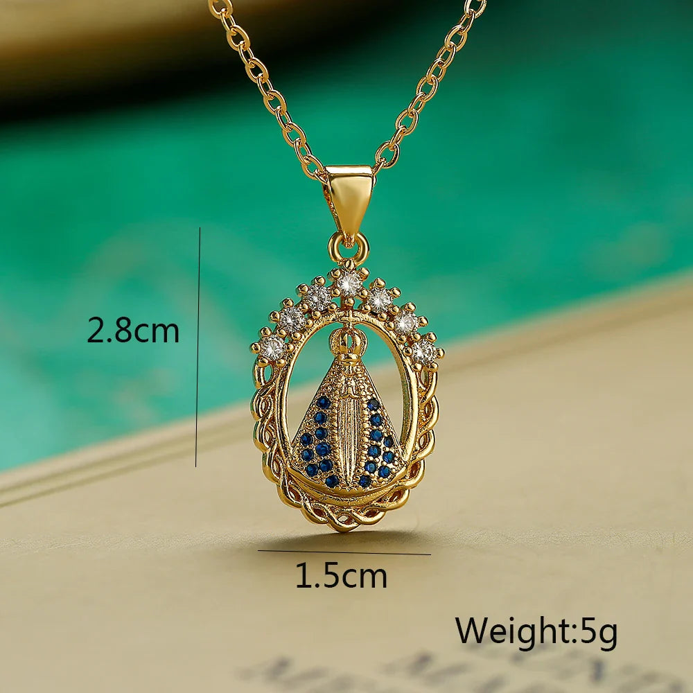 NEWBUY High Quality Women's Religious Jewelry Copper CZ Zircon Inlay Virgin Mary Pendant Stainless Steel Chain Necklace Vera Lux