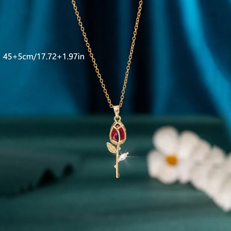 1 Piece Women's Red Zirconia Tulip Rose Pendant Necklace Copper Pendant Stainless Steel Chain Versatile Valentine's Day Gift Vera Lux
