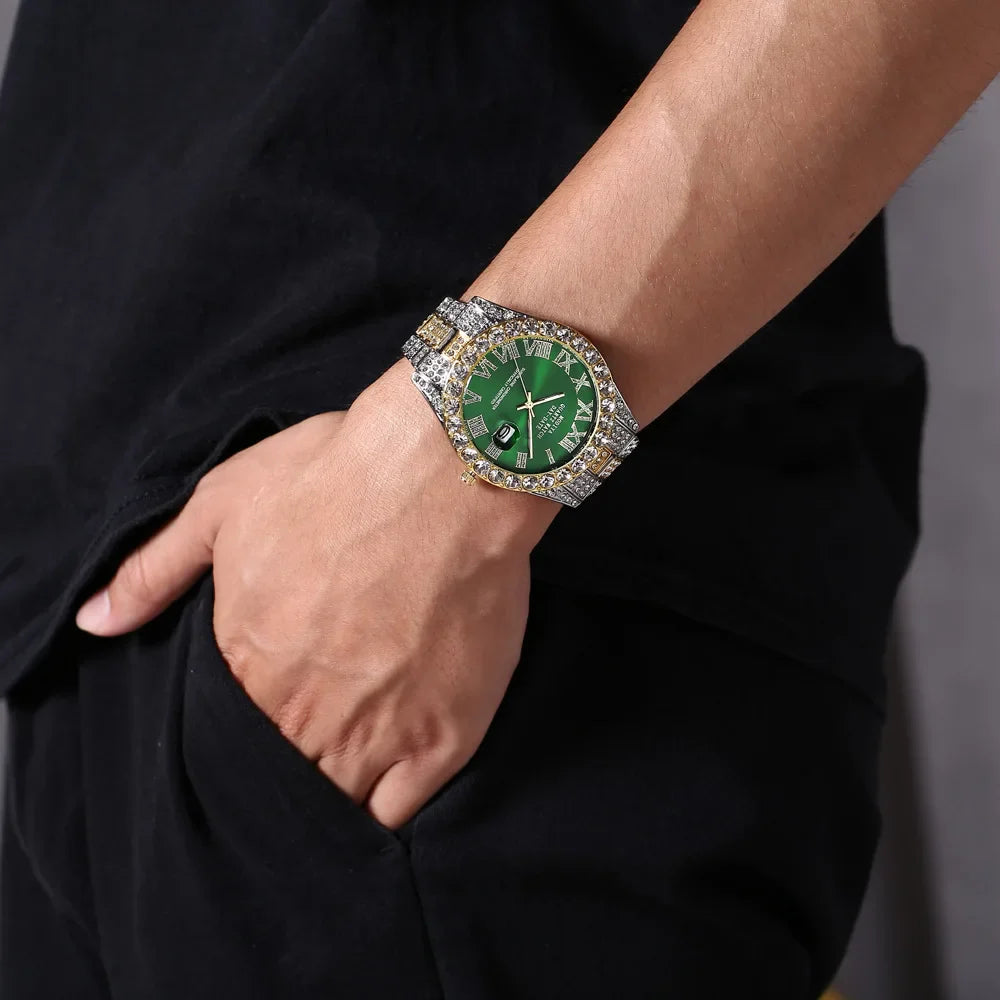 Hot Sale Diamond Bling Watch Men Gold Color Luxury Gift Quartz Watches Male Clock Dropshipping  Rhinestone Calendar Wristwatch Vera Lux