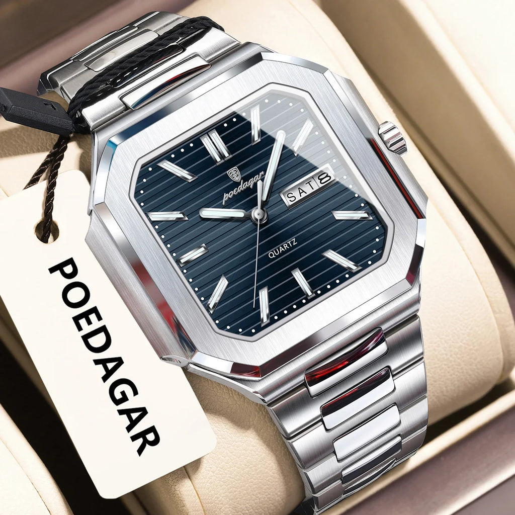 POEDAGAR Square Fashion Man Wristwatch Waterproof Luminous Date Week Quartz Men's Watches Stainless Steel Luxury Men Watch Reloj Vera Lux