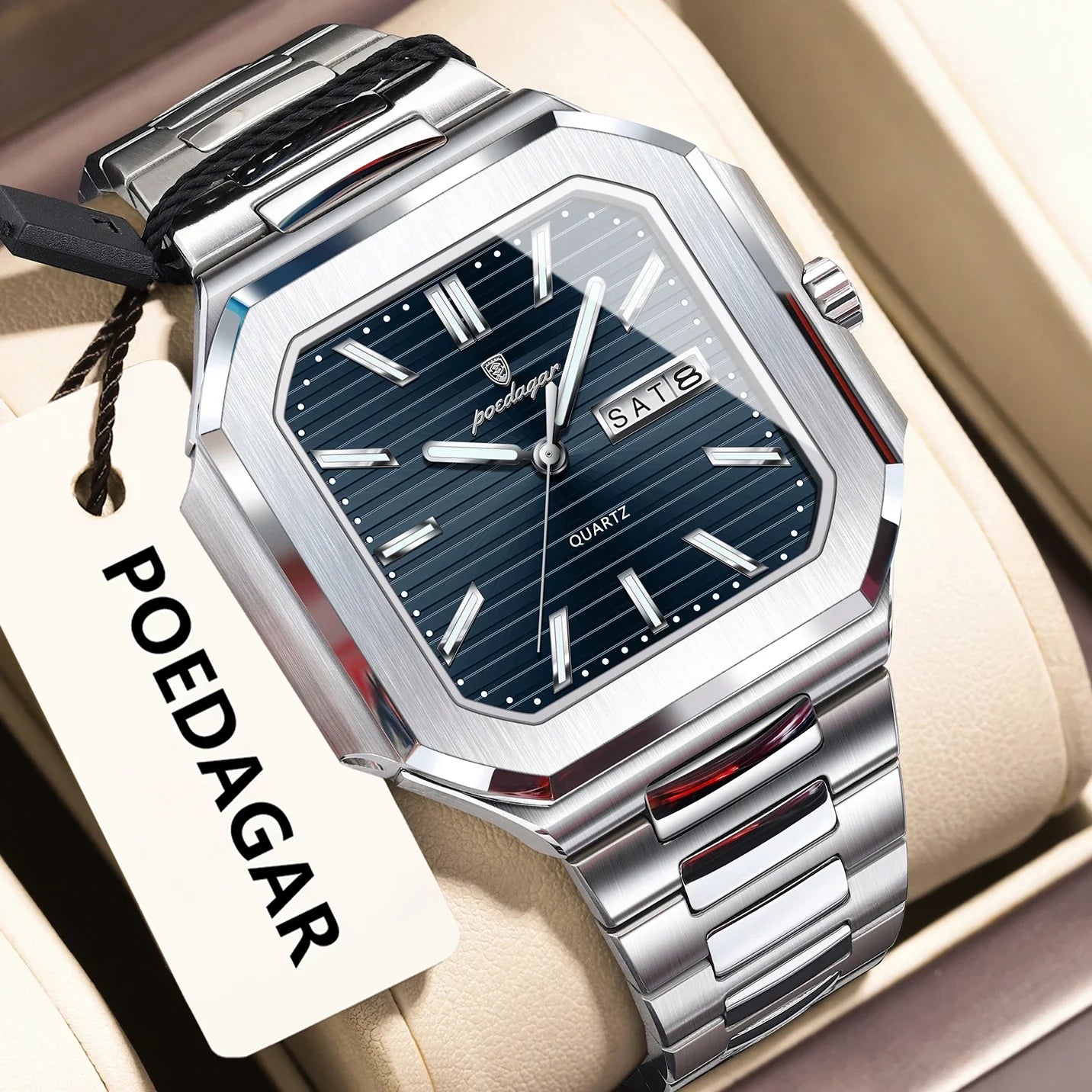 POEDAGAR Square Fashion Man Wristwatch Waterproof Luminous Date Week Quartz Men's Watches Stainless Steel Luxury Men Watch Reloj Vera Lux