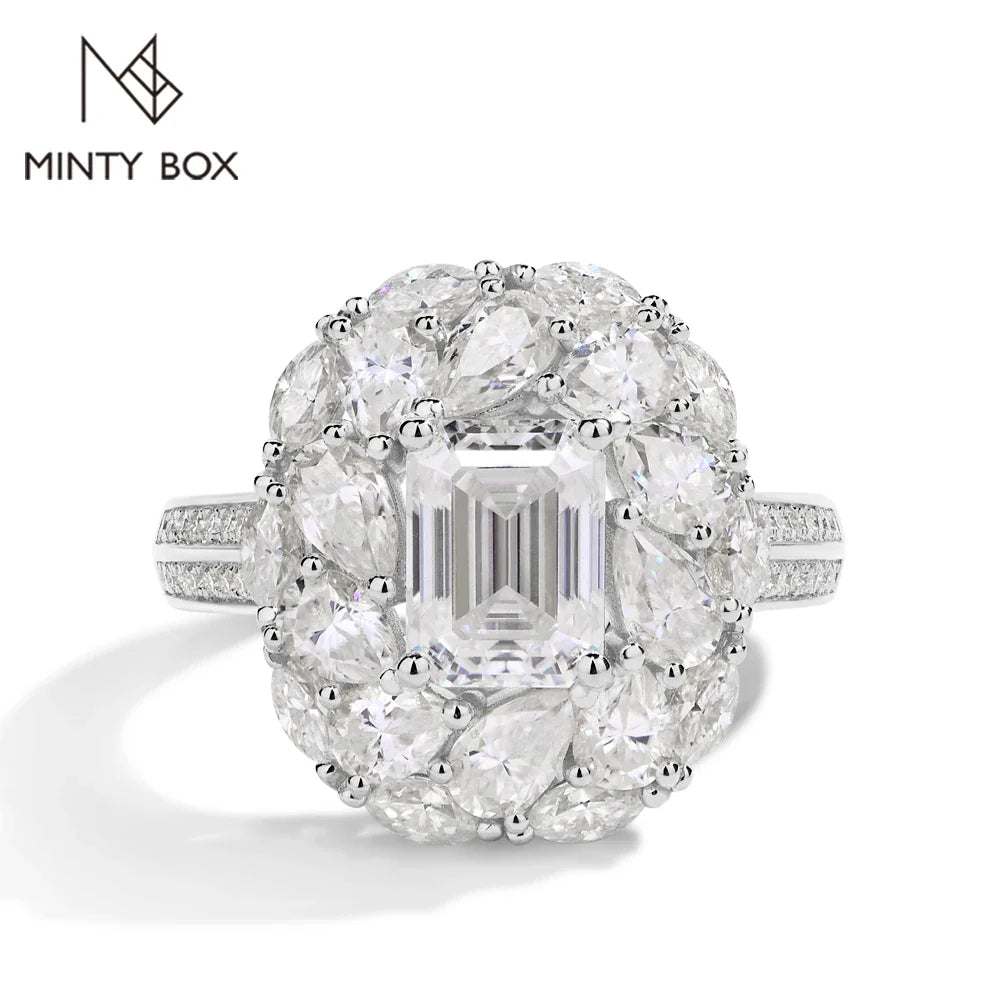 MINTYBOX 2.0ct Flower Design Halo Emerald Cut Engagement Ring Lab Diamond S925 Silver Moissanite Rings For Women 18K Gold Plated Vera Lux
