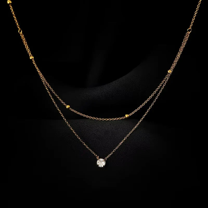 Stainless Steel Light Luxury Charm White Round Zircon Pendant Double layer Necklace Lady Classic Neck Chain Jewelry Vera Lux