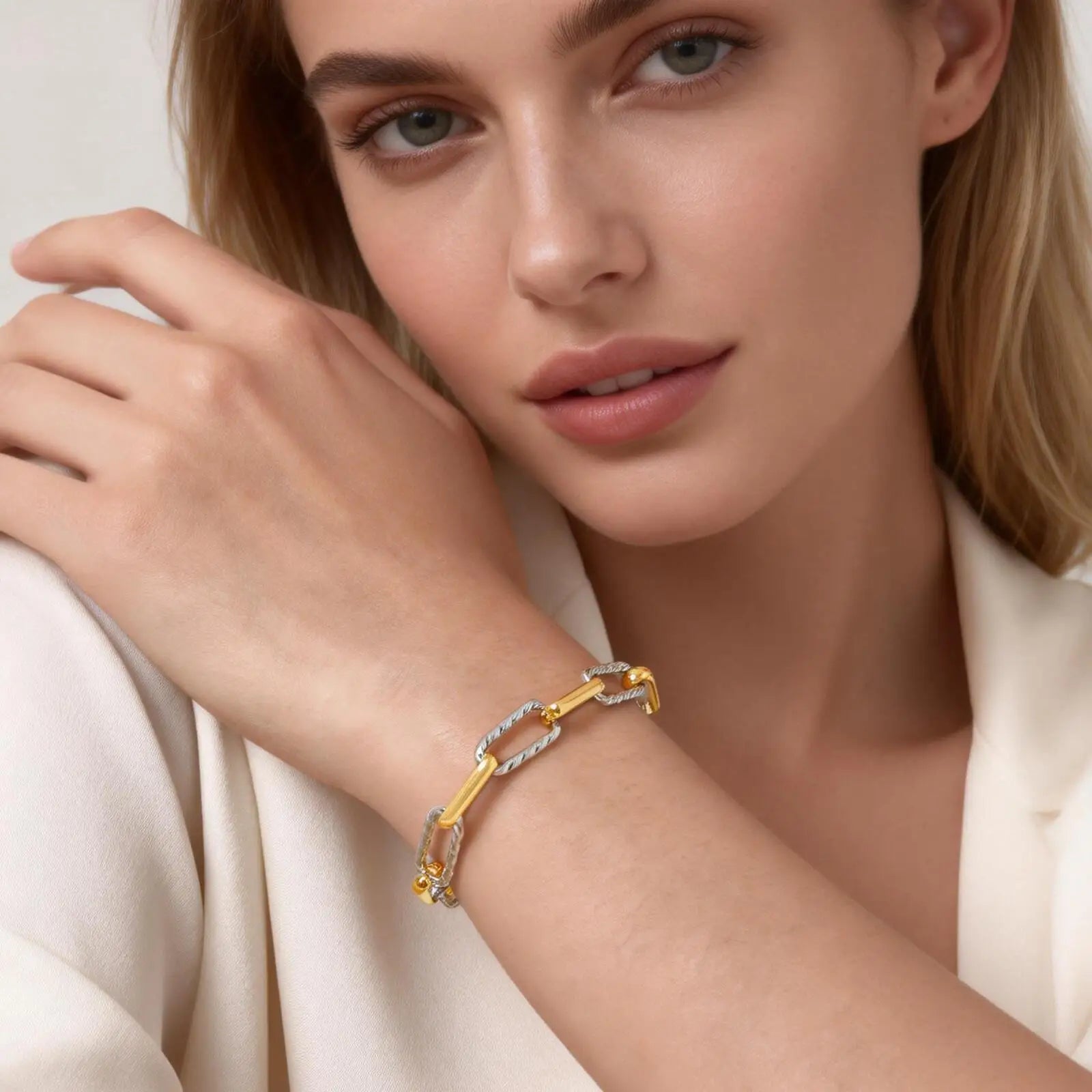 Two Tone Twist Link Paperclip Bracelet for Women, Chunky Stainless Steel Bracelet Adjustable Link, 18k Gold Plated Jewelry Vera Lux