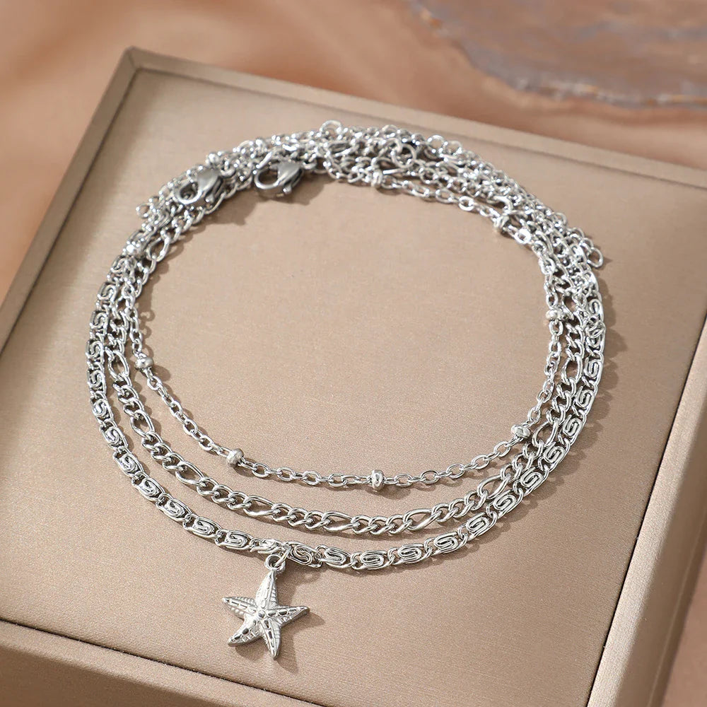 woiwoi Stainless Steel Anklet Starfish Triple Stacking Chain Light Luxury Fashion Elegant Ladies Anklet Jewelry Party  Match Vera Lux