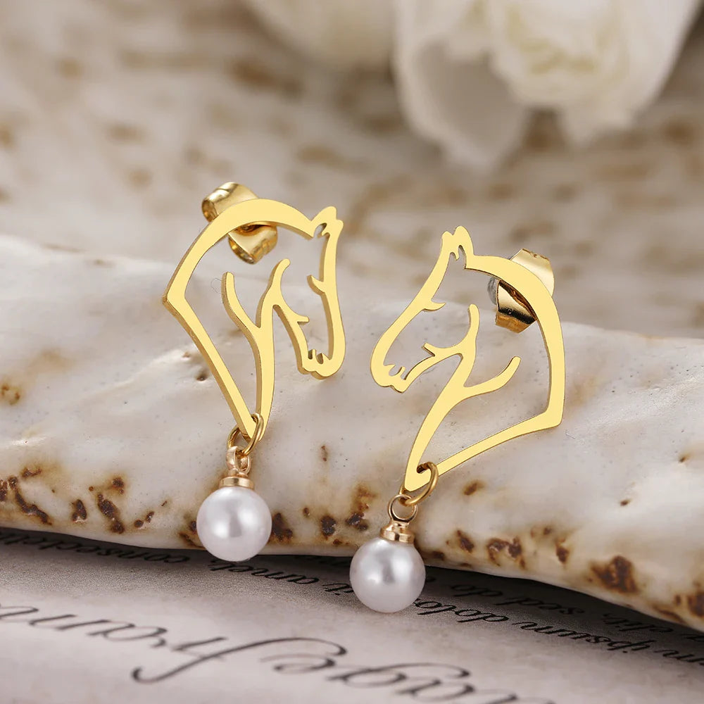 Stainless Steel Earrings 2022 Trend Exquisite Line Horse Design Pearl Charms Pendants Earrings For Women Jewelry Party Gifts NEW Vera Lux