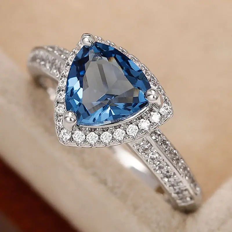 925 Sterling Silver Luxury Dark Blue Zircon Triangle Rings for Women Fashion Classic Engagement Wedding Jewelry Anniversary Gift Vera Lux