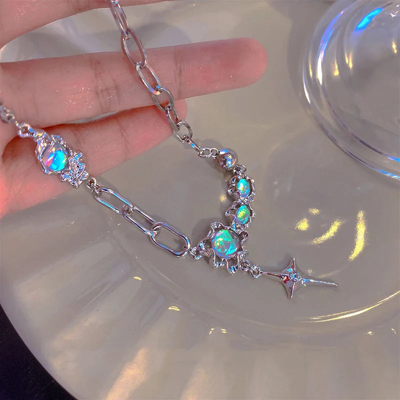 JWER Trendy Bling Moonstone Star Cross Pendant Necklace for Women Punk Hip Hop Star Chain CrystalNecklace Party Y2K Jewelry Gift Vera Lux