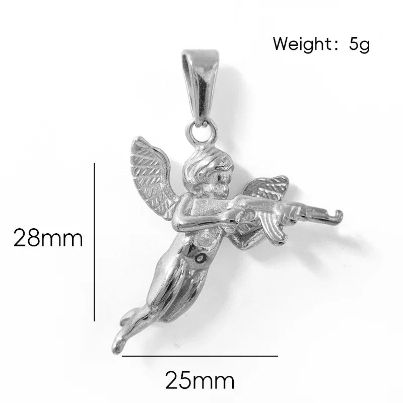 3D Angel with Gun Pendant Necklace for Men - 18K Gold Plated & 316L Steel Rope Chain Hip Hop Gothic Jewelry Gift Cupid's Reveng Vera Lux