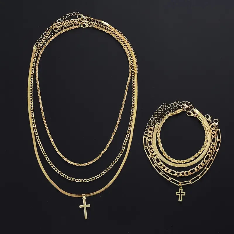 7-Piece Elegant Stainless Steel Minimalist Cross Pendant Jewelry Set for Men Chain Necklace Bracelet Jewelry for Everyday Wear Vera Lux
