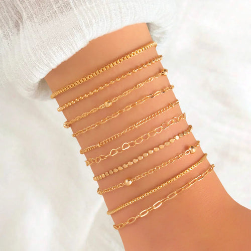 10 Pcs Vintage Statement Gold Color Flat Snake Chain Box Chain Bracelet Boho Multi-layer Metal Bracelet Women's Summer Jewelry Vera Lux