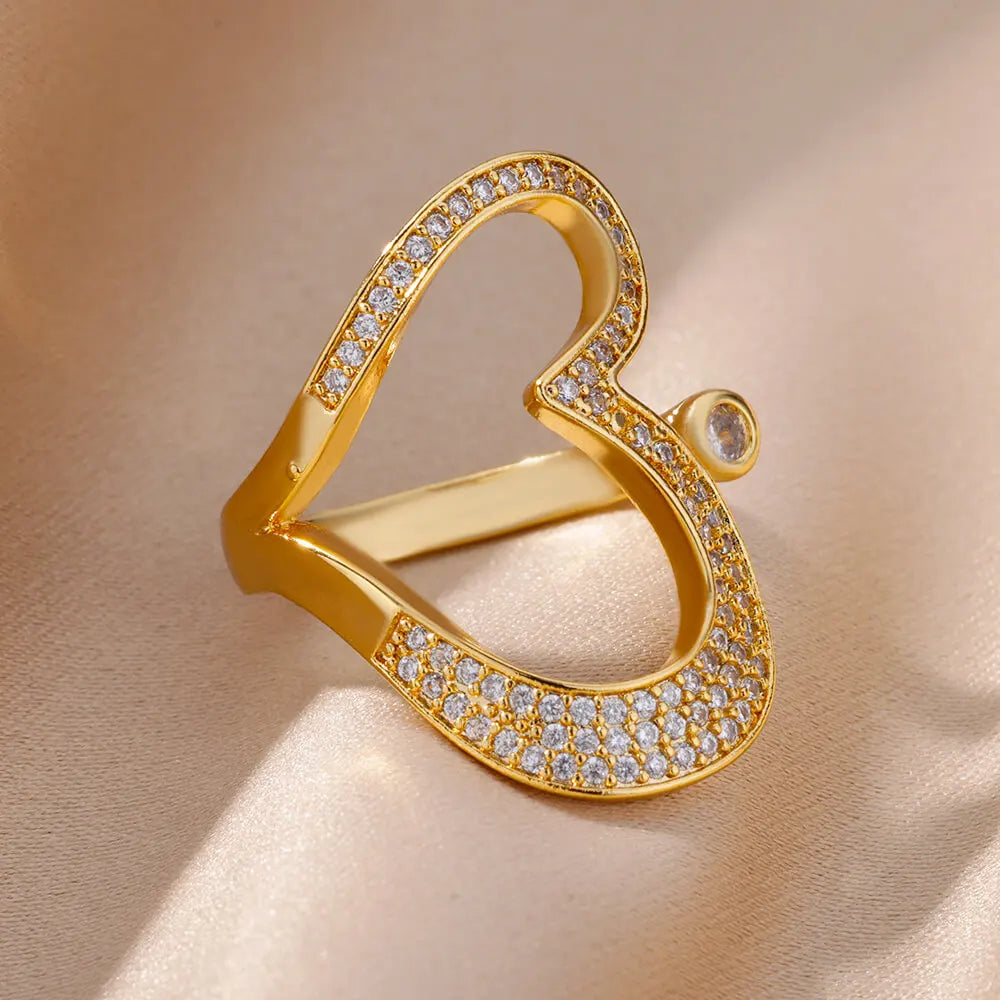 Stainless Steel Heart Rings For Women Gold Color CZ Crystal Zircon Open Finger Ring Wedding Aesthetic Jewerly Gift anillos Vera Lux