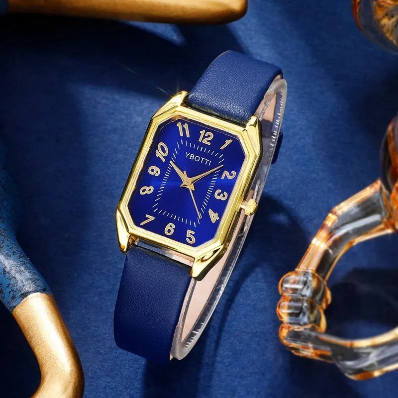 Luxury Fashion Square Women's Watches Brand Ladies Quartz Wristwatch Classic Simple Femme Blue Leather Band Relogio Feminino Vera Lux
