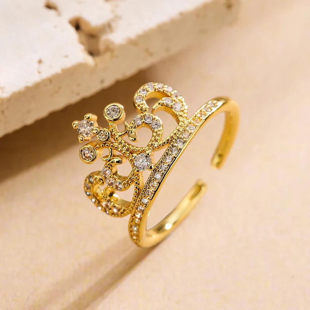 NEWBUY 2025 Trendy Gold Color Crown Charm Finger Rings Open Design Adjustable Shiny CZ Zircon Wedding Jewelry Female Vera Lux