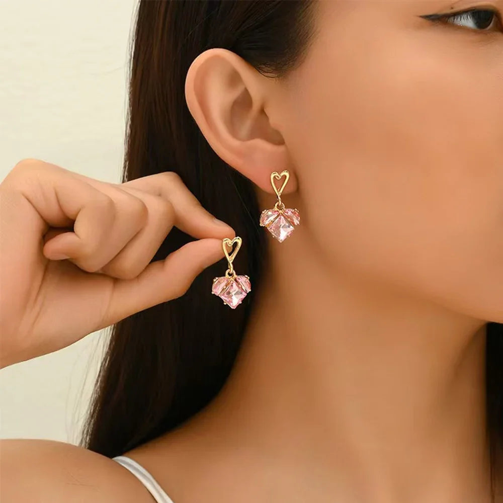 3pcs Trendy Y2k Heart-shaped Zircon Pink Crystal Pendant Earrings Necklaces Set for Women Heart Elegant Exquisite Party Jewelr Vera Lux