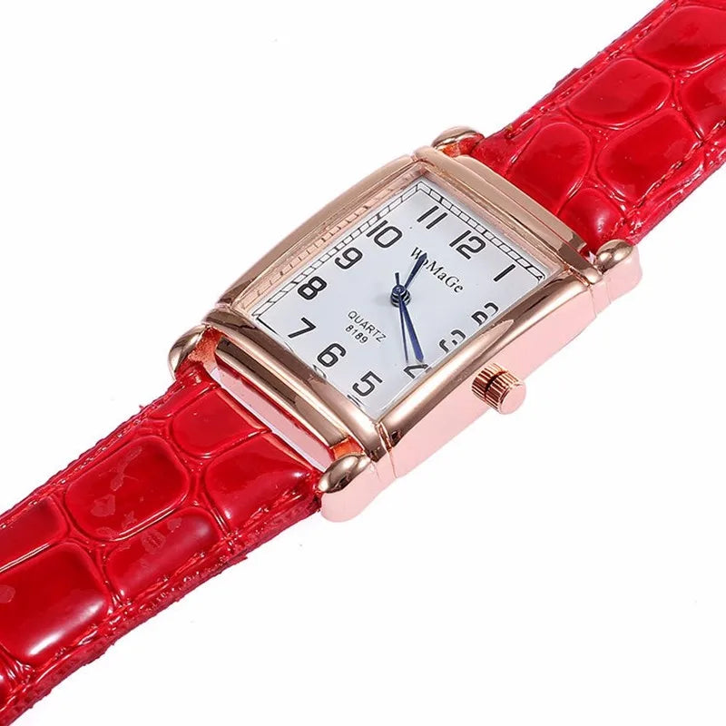 Fashion Women Watches Luxury Metal Rose Gold Square Ladies Quartz Wristwatch Rectangle Red Leather Female Clock Vera Lux