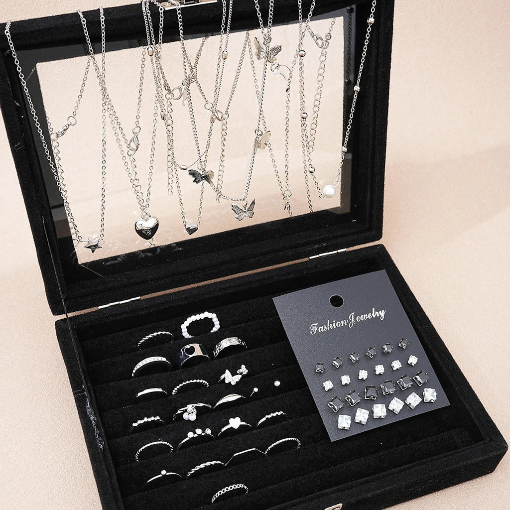 51 Pcs/Set Silver Color Chic Jewelry Set For Women Fashion Butterfly Heart Pearl Necklaces, Earrings, Rings, Match Daily Outfits Vera Lux