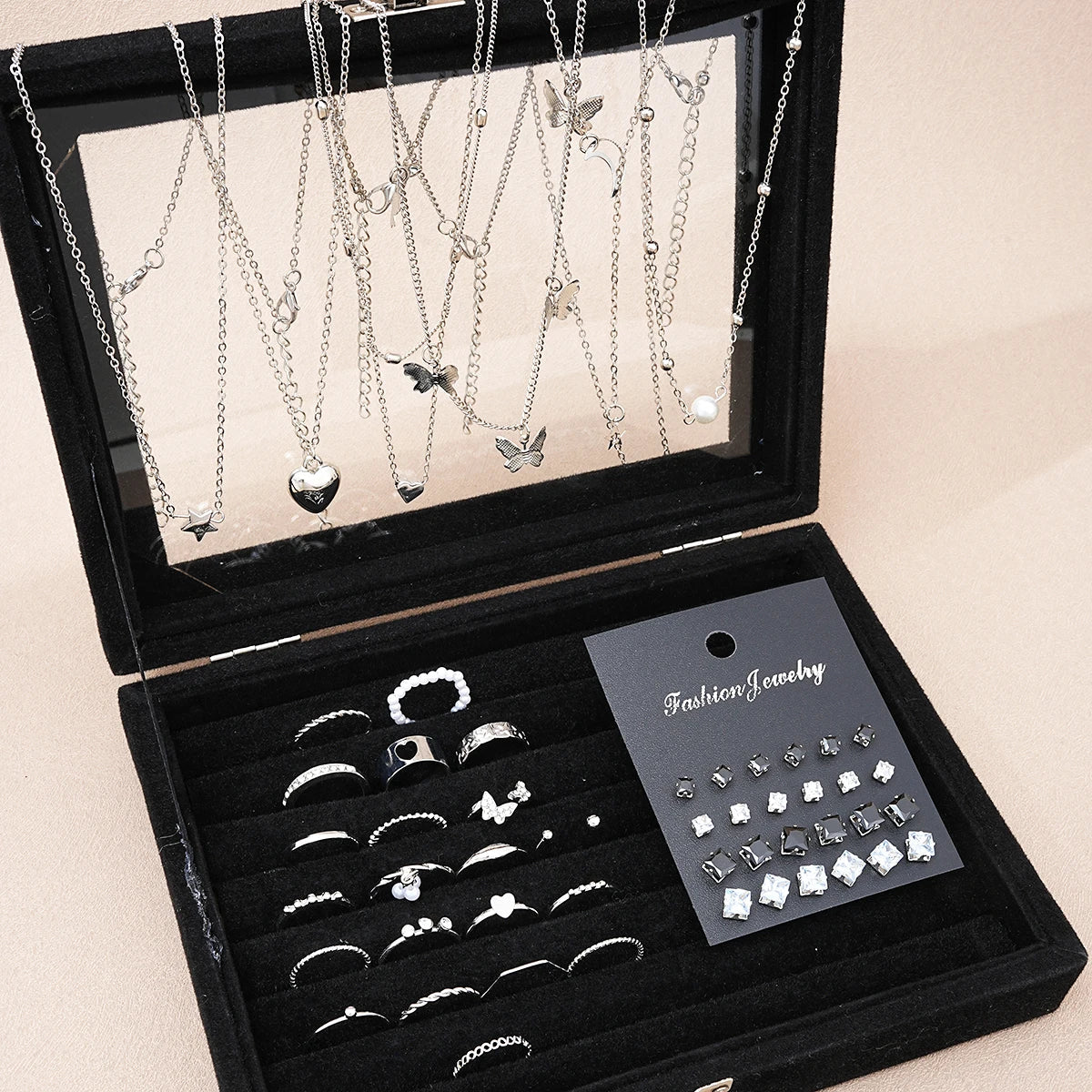 51 Pcs/Set Silver Color Chic Jewelry Set For Women Fashion Butterfly Heart Pearl Necklaces, Earrings, Rings, Match Daily Outfits Vera Lux