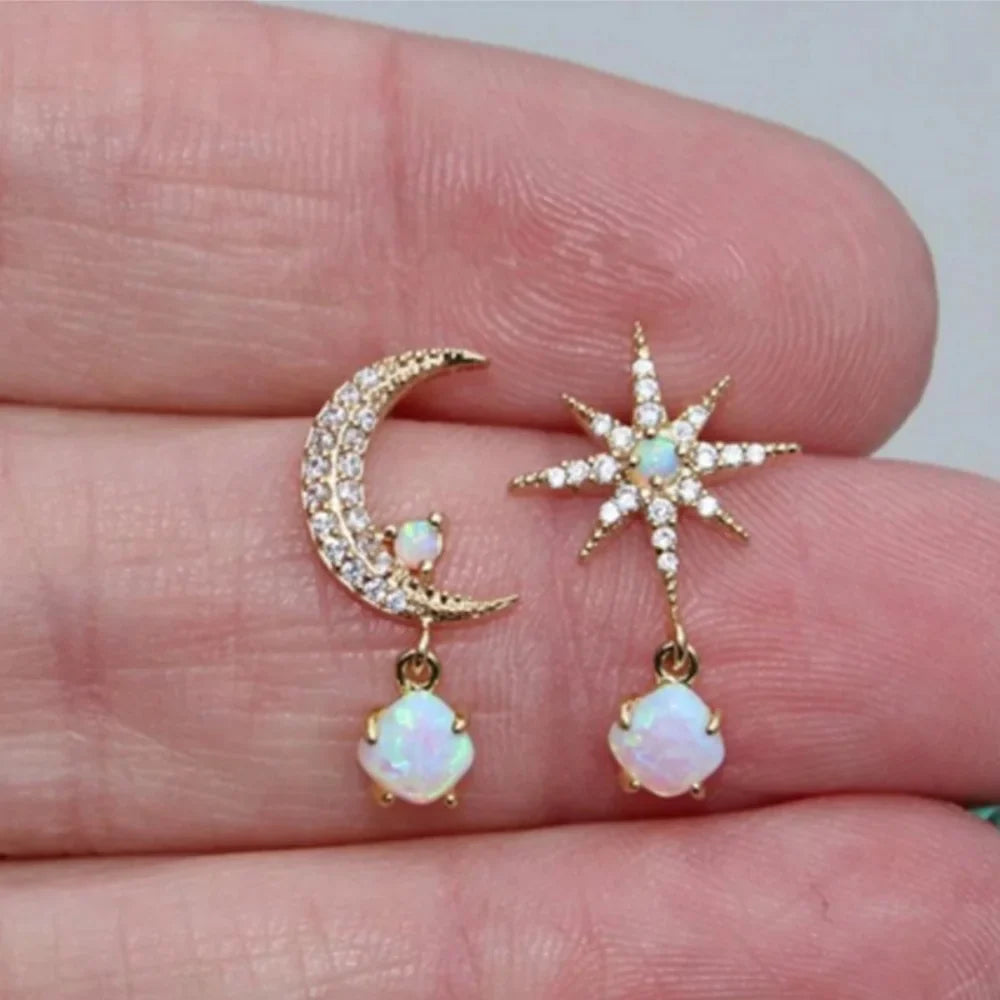 Golden Asymmetrical Zircon Moon Star Earrings for Women Retro Personalized Fashionable Versatile Accessory Gift Vera Lux