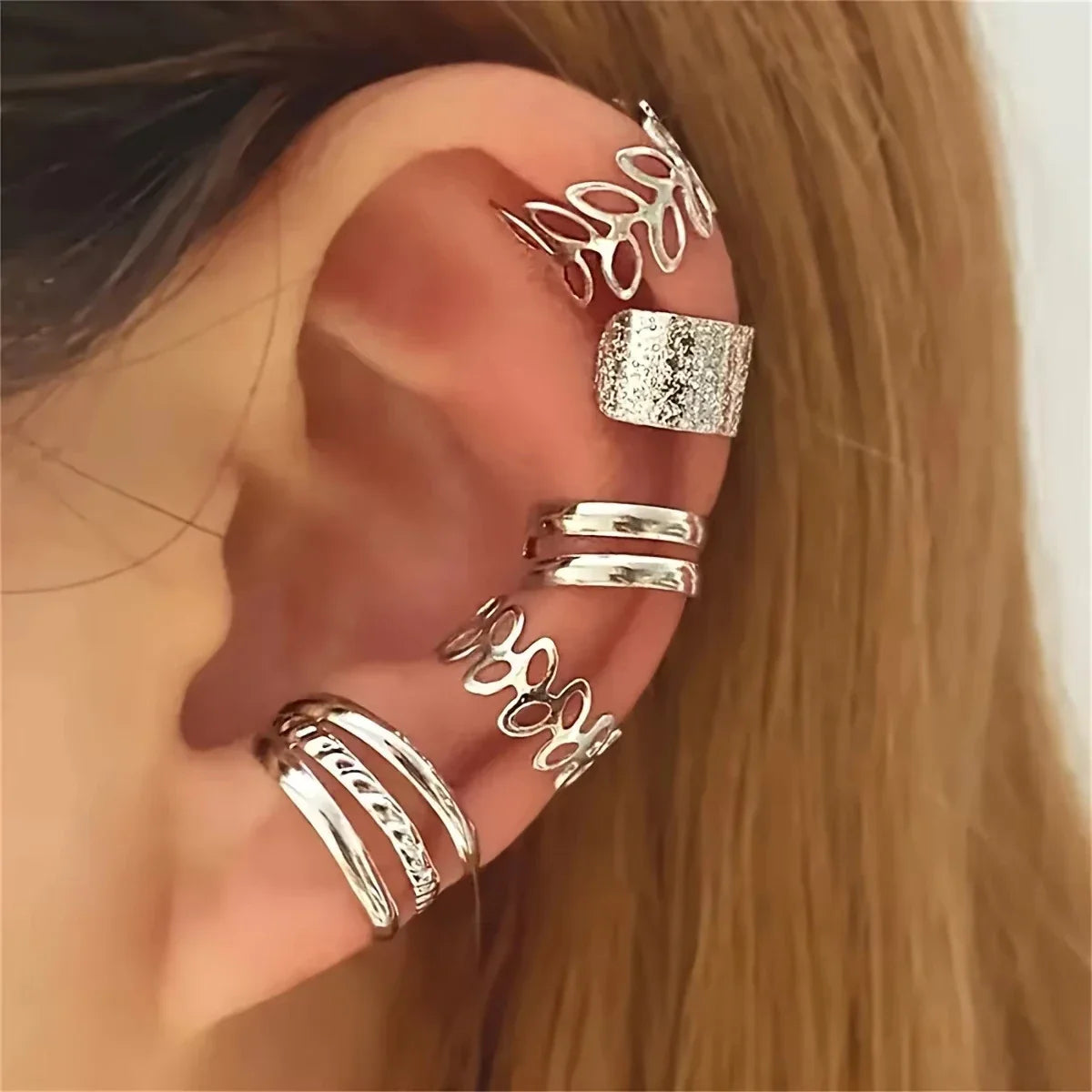 5pcs/set Trendy Elegant Design Ear Cuff Classic Elegant Style Women's No Piercing Clip Earrings Leaf Shaped Circle Stacked Shape Vera Lux