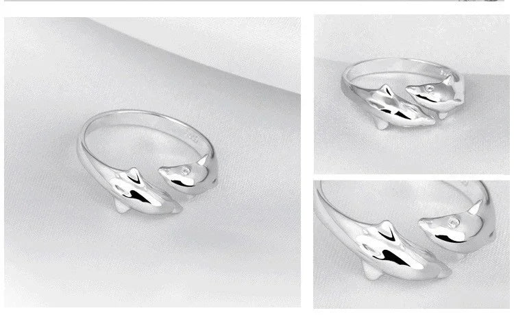 925 Sterling Silver Jewelry Open Happy Double Dolphin Love Rings For Women Party Gift Adjustable Ring Anillos Bague Vera Lux