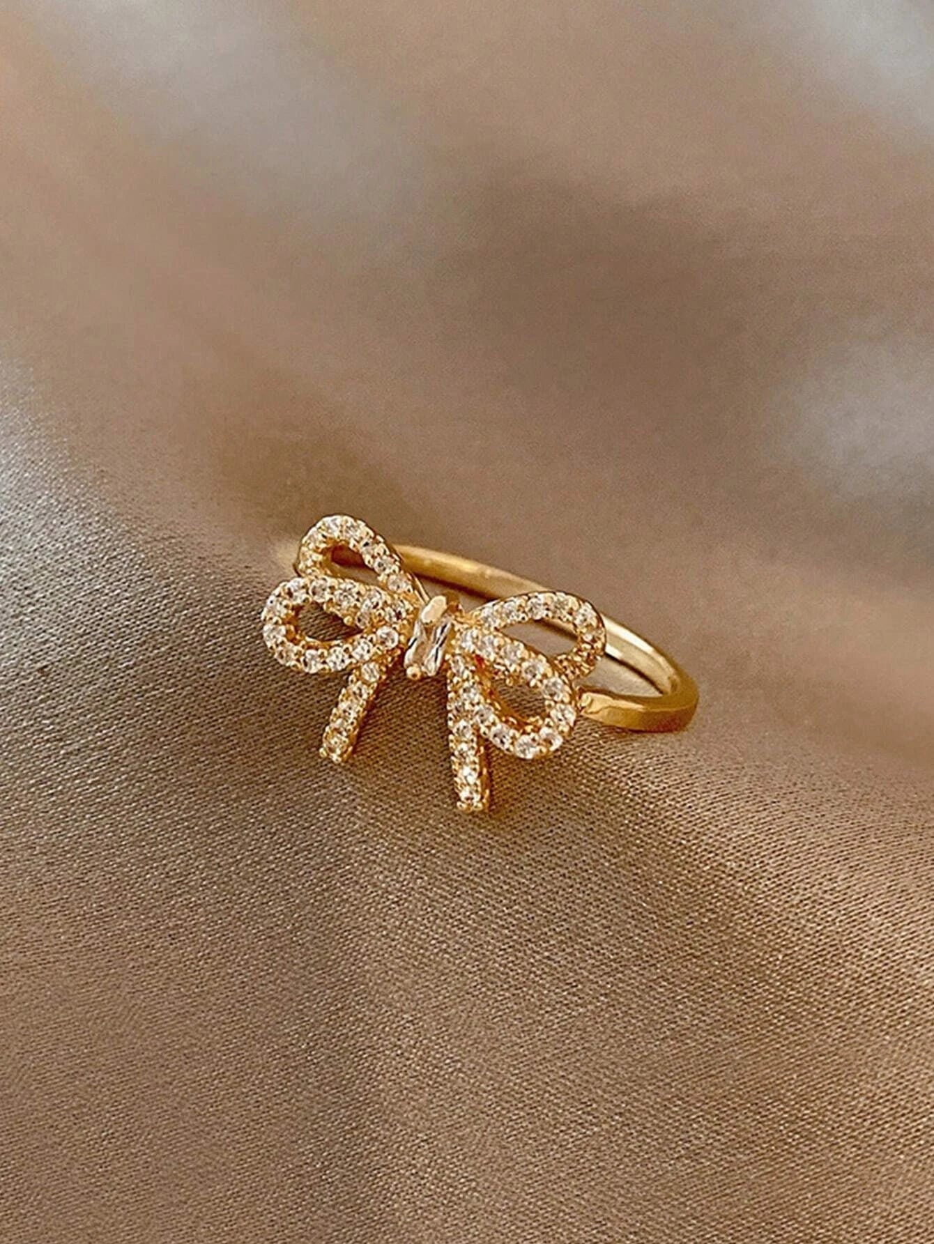 Yupsk Korean Fashion Micropaved Crystal Zirconia Bow Ring for Women Girls Exquisite Ins Trendy Minimalist Finger Rings Jewelry Vera Lux