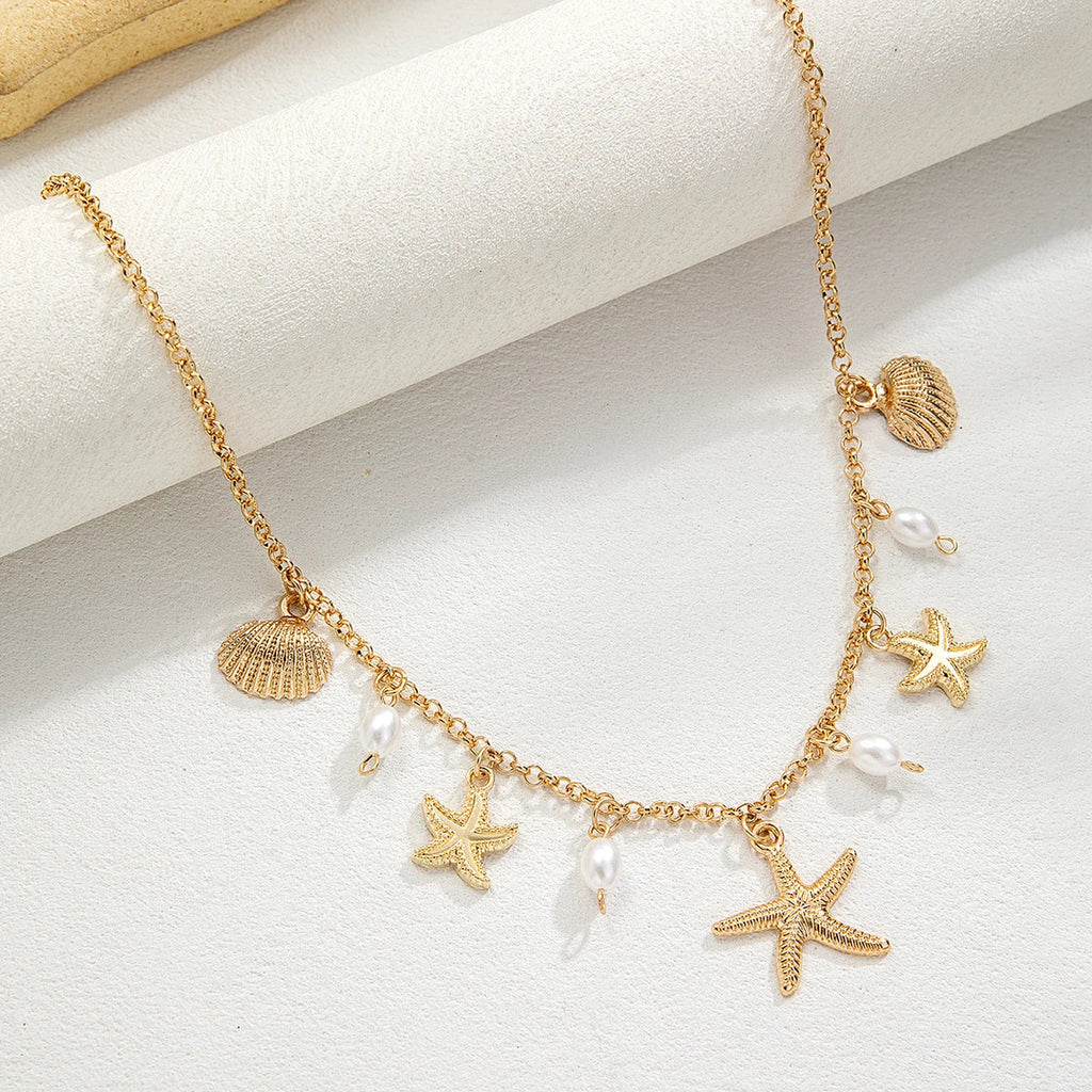 Holiday beach style starfish pendant shell imitation pearl tassel beach element alloy women's necklace Vera Lux