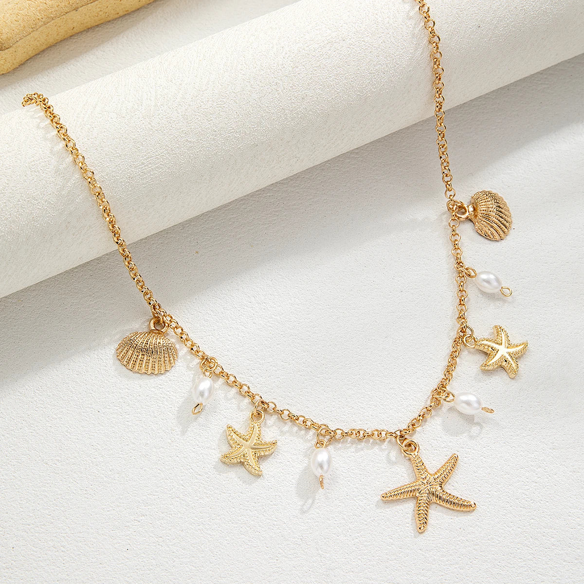 Holiday beach style starfish pendant shell imitation pearl tassel beach element alloy women's necklace Vera Lux