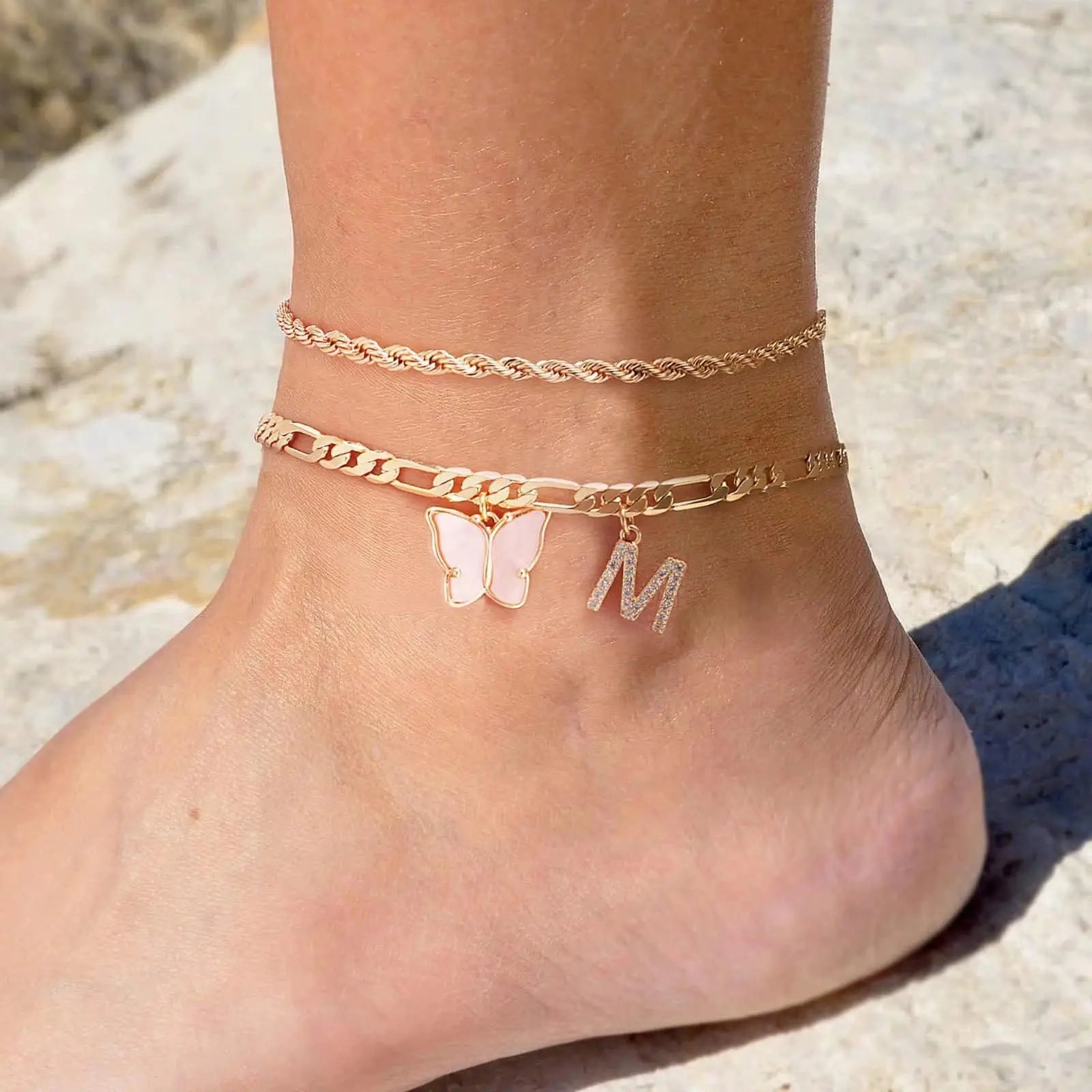 2Pcs Stainless Steel Initial Anklet Set For Women 26 Letter Acrylic Butterfly Charm Chain On Foot Summer Ankle Bracelet Jewelry Vera Lux
